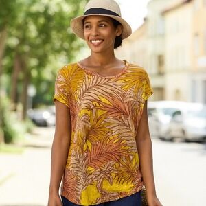 Tahari Blouse Sz L Tropical Palm Pearl Button Top Linen Coastal Chic Boho Resort